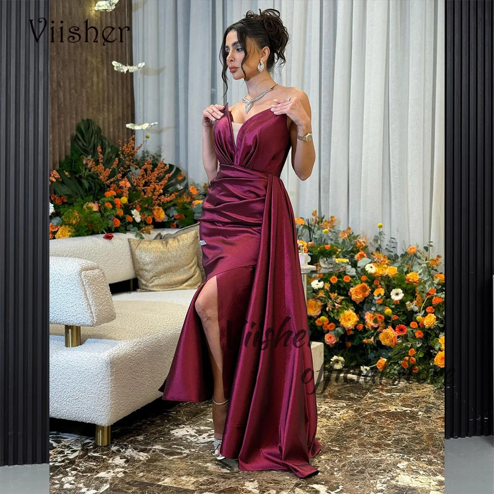 

Viisher Purple Satin Mermaid Evening Dresses with Slit Train Arabian Dubai Formal Prom Dress Floor Length Occasion Party Gowns