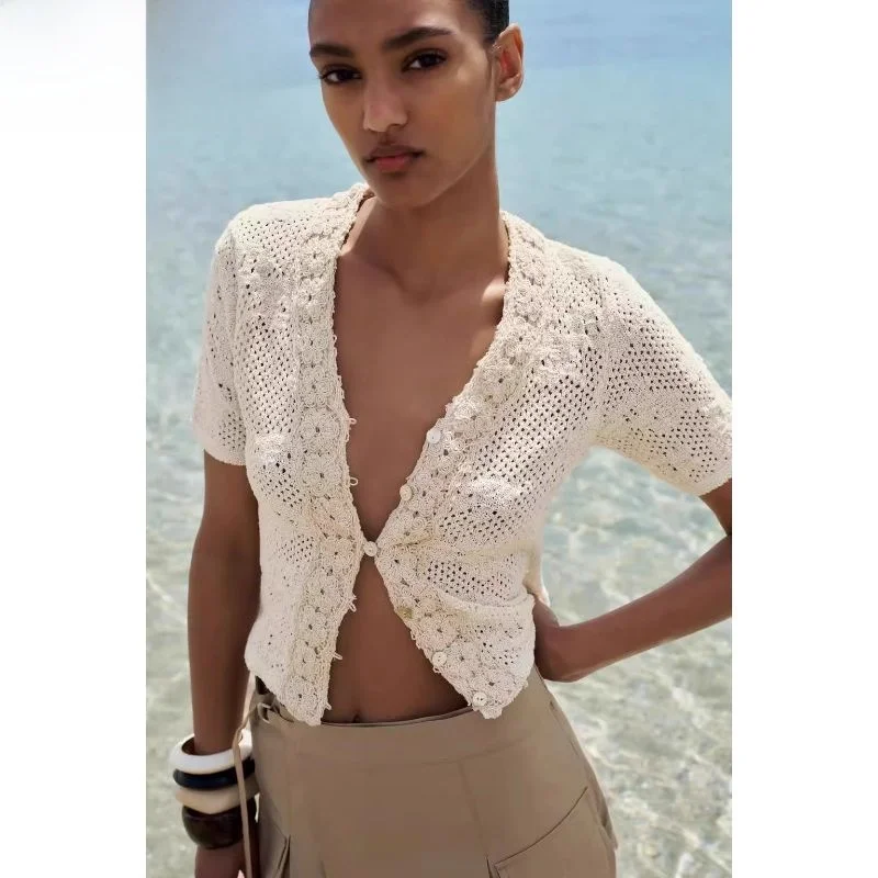 

Sweet Sle Вязаный женский топ ort Sve V-Ne с цветочным узором, модный летний открытый кардиган из полиэстера 2024, лето 2024,