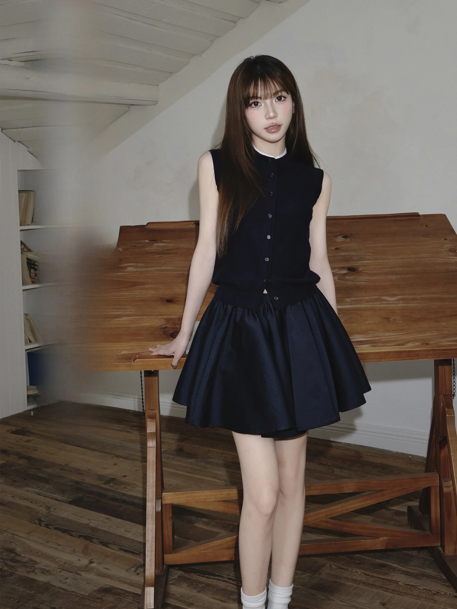 

Pure Wool Knitted Color Blo Collar Vest And Puffy Skirt Set Women's Summer Casual Sle round Ne ort Svel Outfit