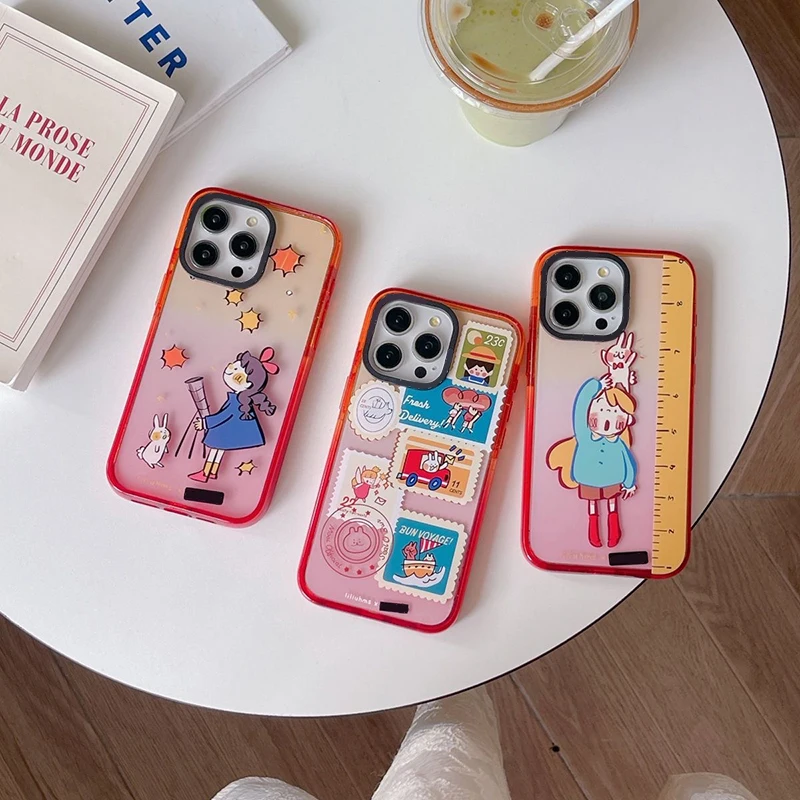 

Cartoon Girl Stamp Peach Gradient Border 2.0 Acrylic Phone Case Cover for IPhone 11 12 13 14 15 Pro Max Case