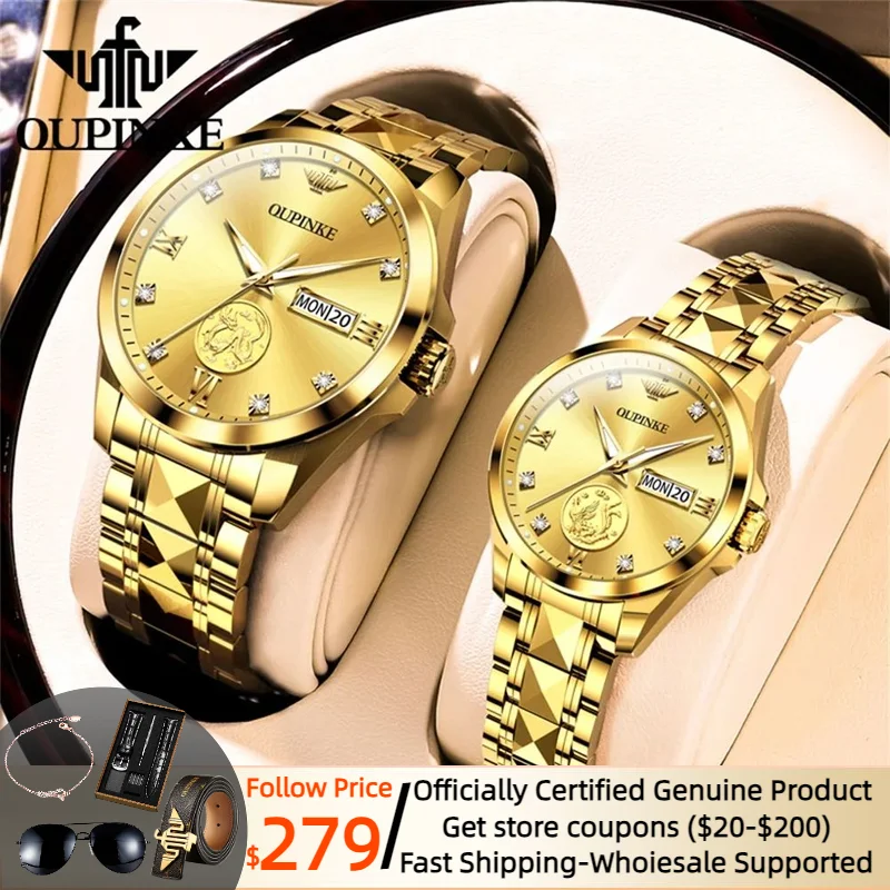 Real Gold Real Diamond Automatic Watch for Couple OUPINKE Top Brand His Hers Watch Gifts Sets Lover Wristwatch for Men and Women