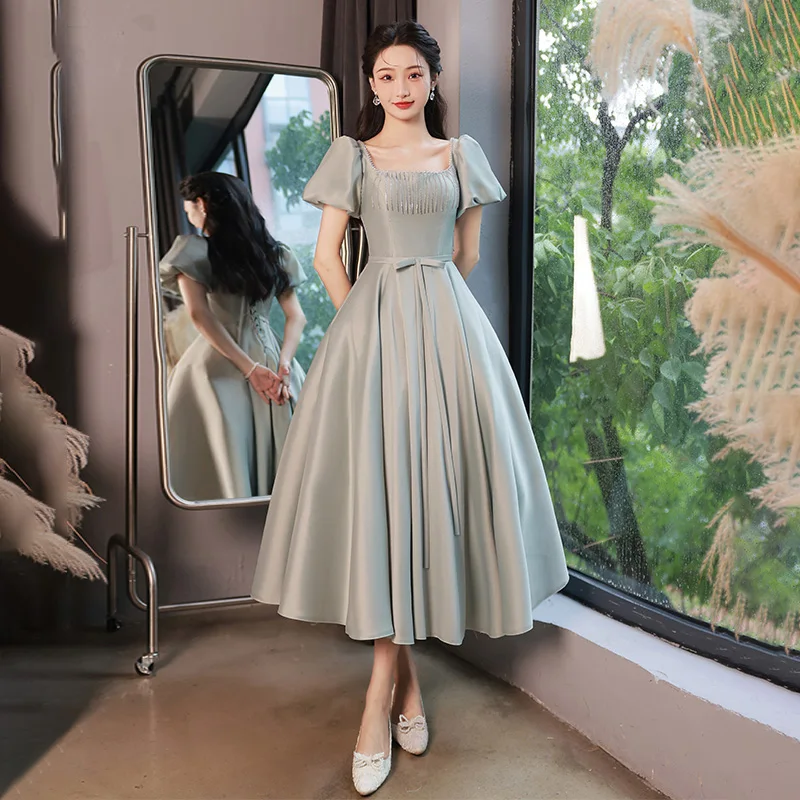 

Evening Dress Green Square Collar Lace Up Ankle-Length Pleat Satin A-Line Short Sleeves Plus size Woman Formal Party Gowns XC158