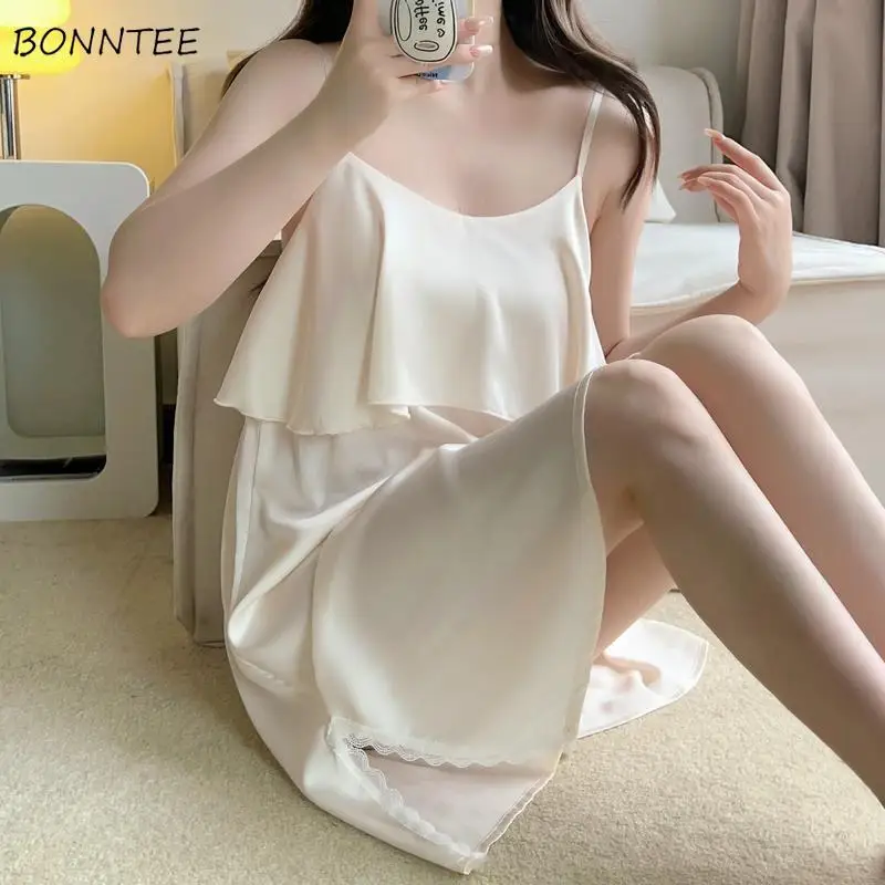 Lace Edge Nightgowns Women Mini Sleeveless Loose 3XL Solid Color Simple Ins Summer Homewear Ice Silk Comfortable Tender Sexy