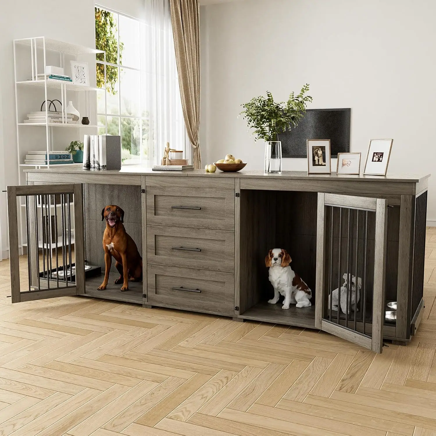 

94.5" Large Dog Crate Furniture, Wooden Double Dog Kennel Furniture with 4 Dog Bowls1 0.4‘’ colors available for your choice