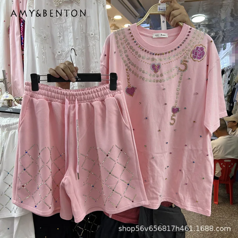 

Hot-fix Rhinestone Design Oversized Short-sleeved T-shirt Top + Elastic Waist Wide-leg Shorts Two-piece Set Summer New Outifts