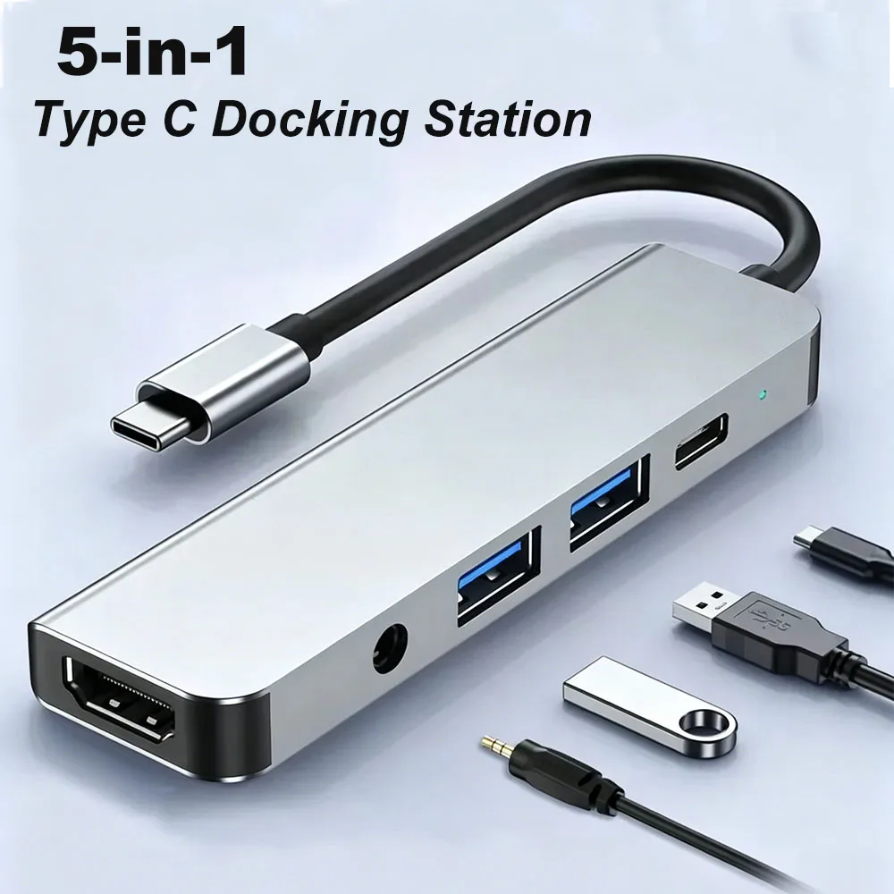 4K@30Hz 100W PD Plug&Play 5-in-1 USB C Hub Type C to HDMI-Compatible USB3.0/2.0 & 3.5mm Audio Jack for Laptop Smartphone Tablet