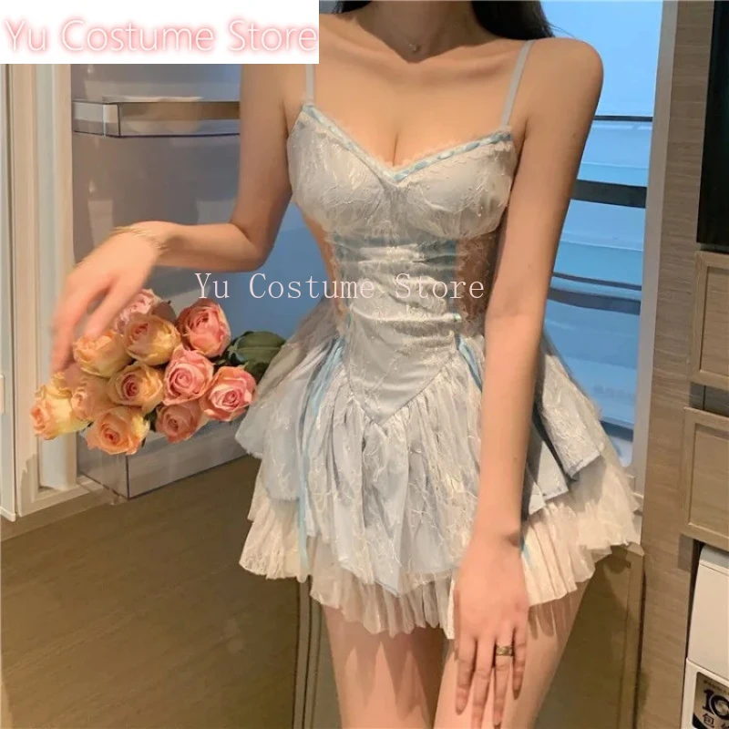 

Elegant Lace Patchwork Blue Strap Dresses Summer New Slim Fit Dress for Women Y2k E-Girl High Waist Ruched Vestidos Mujer 2025