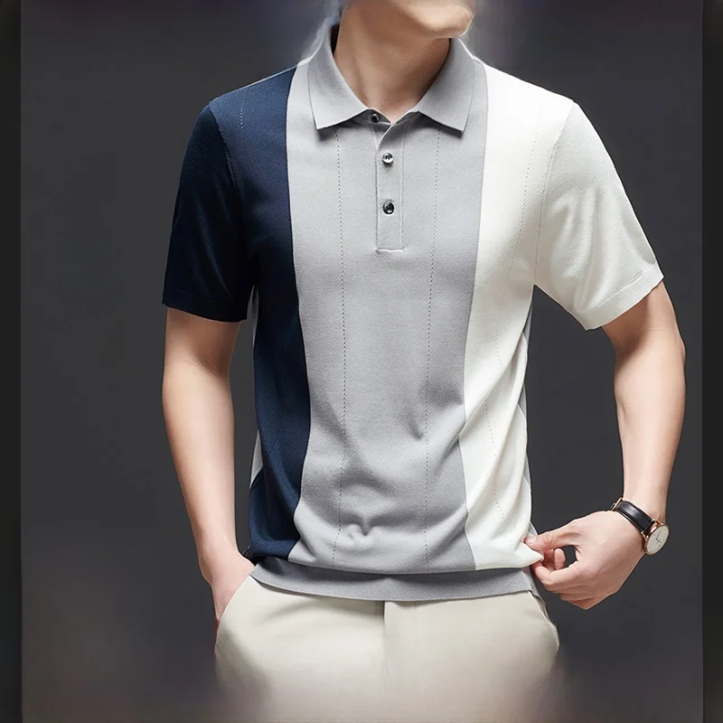 

Мужская футболка из высококачественного ледяного шелка с коротким рукавом, новинка 2024 года, летняя повседневная, с цветными вставками, вязаная, с отложным воротником, молодежная, для активного отдыха.