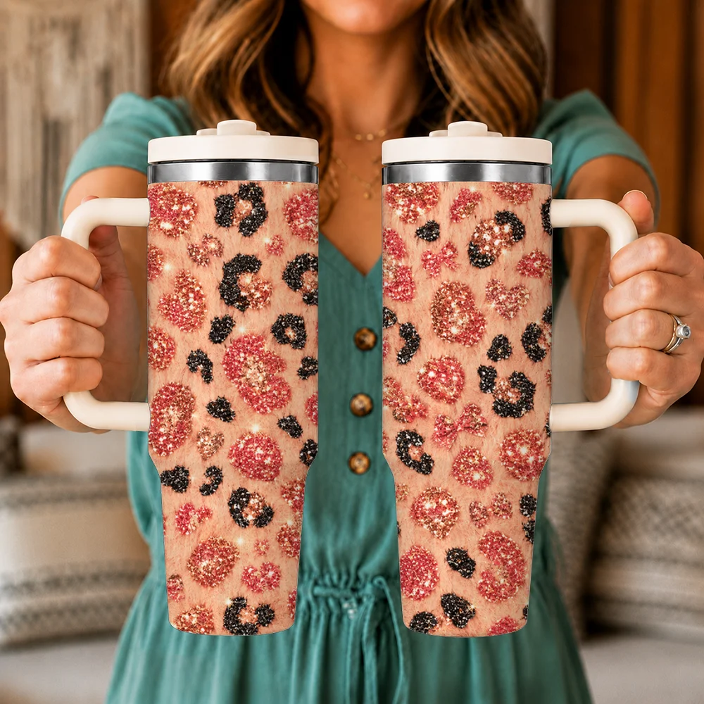 Shimmering Leopard Print Vacuum Flasks 40oz Leakproof Insulated Tumbler with Handle Straw Lid, Stainless Steel Travel Cup