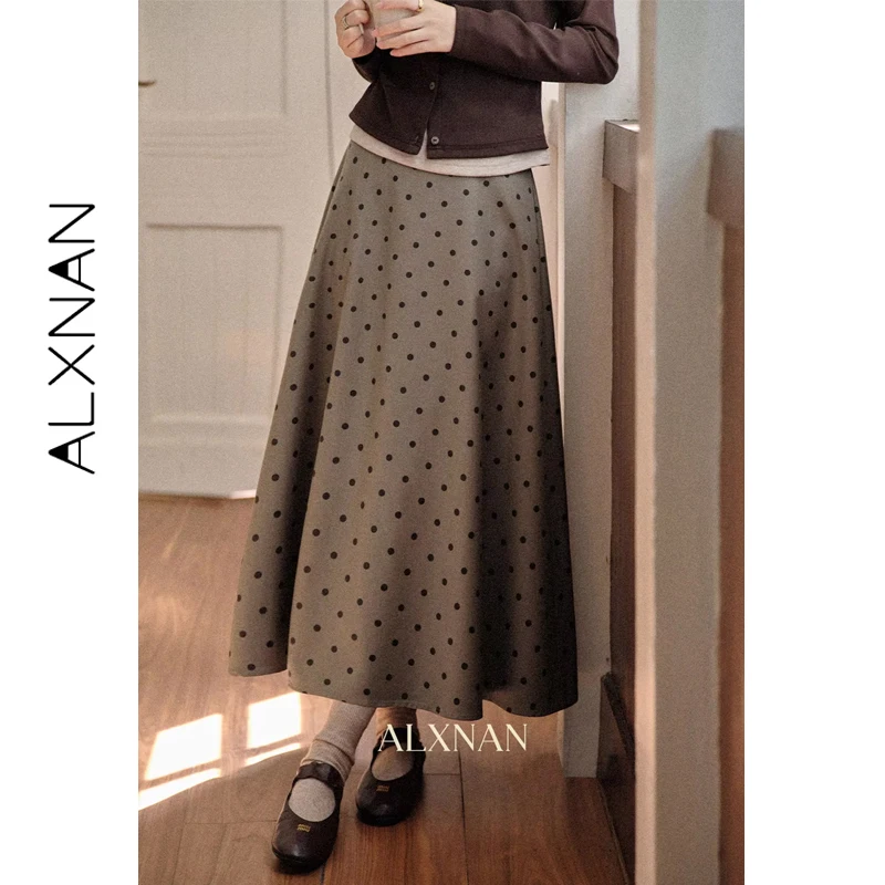 ALXNAN grande taille gris à pois jupe femmes longue a-ligne jupes élégantes coupe ample taille haute décontractée fête femme vêtements D12872