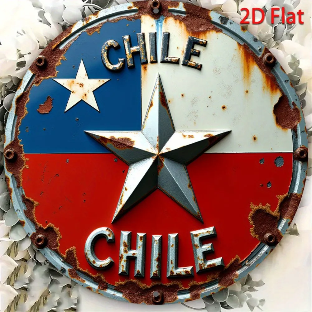 2D Flat - 8-Inch Round Chile Flag Aluminum Sign, Wall Hanging Decorative Plaque, Multipurpose 2D Flat Metal Art for Home, Garden