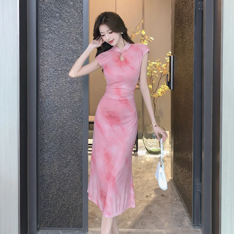 Nouvelle tendance nationale chinoise Sle bouton creux amélioré Midi Dr femmes rétro creux petit col montant taille vers l'intérieur Cheon...