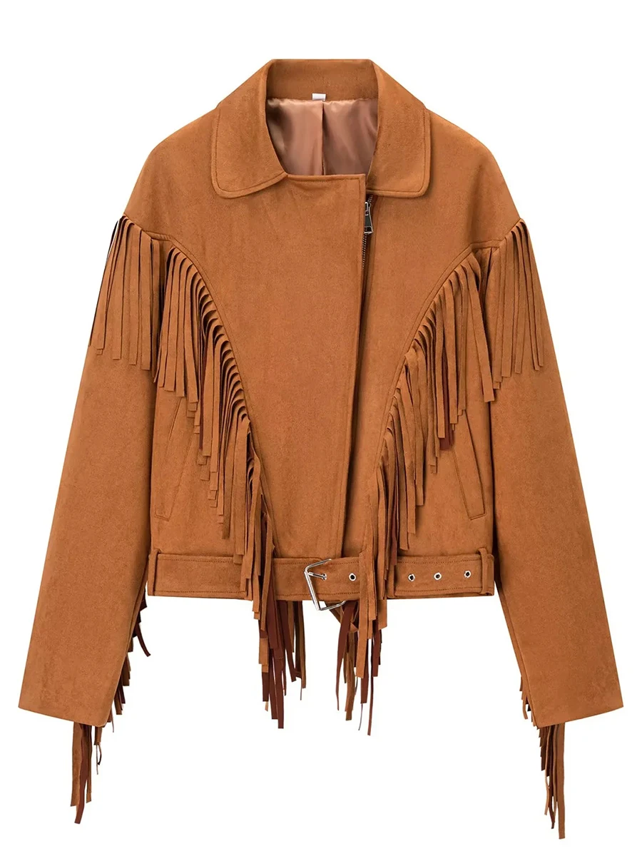 TWOTWINSTYLE Jednolita Kurtka w Stylu Vintage z Wstawkami i Szarfami dla Kobiet, Klapy, Długi Rękaw, Patchwork, Frędzle, Luźny, Modny Płaszcz Damski, Nowość