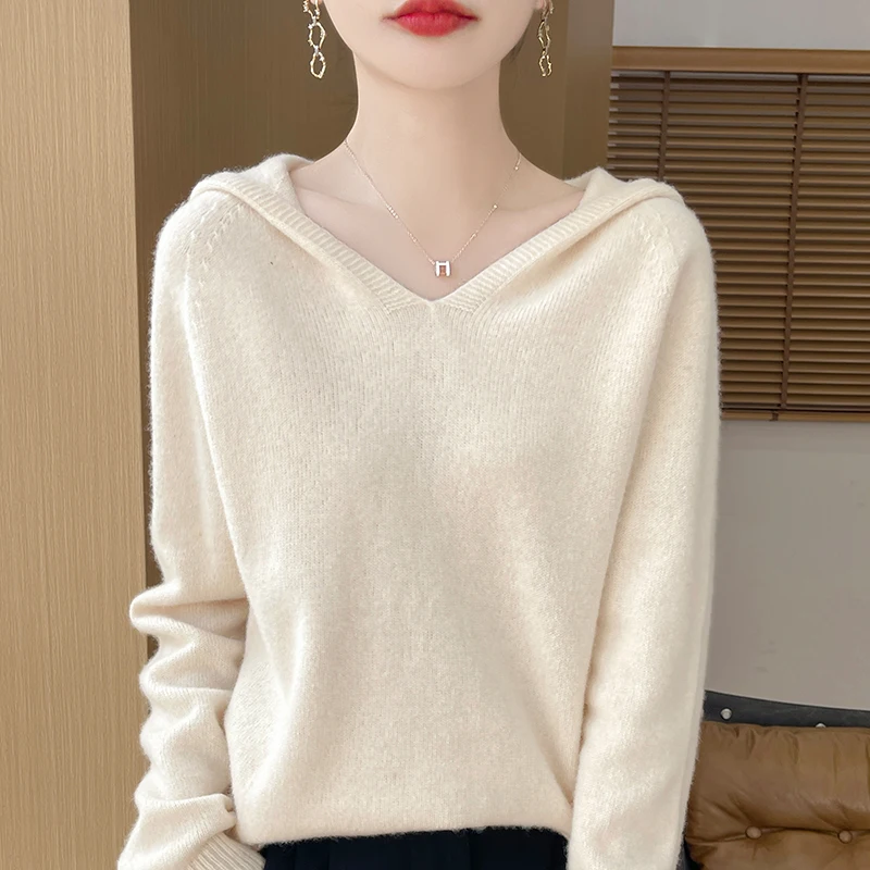 Hooded Wool Sweater Women\'s AutumnWinter Long Sleeved Solid Color Pullover Loose High-Quality Knit 100%Merino Wool Thick Jumper