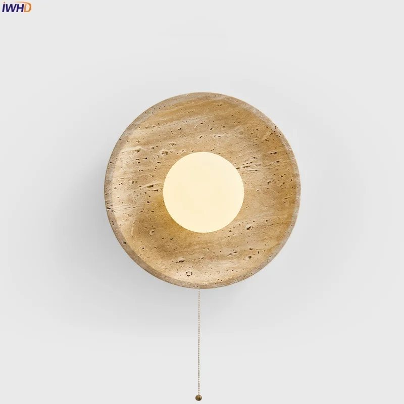 

IWHD Nordic Minimalism LED Wall Lamps For Bedroom Decoration Loft Pull Chain Switch Yellow Travertine Living Room Light Wandlamp