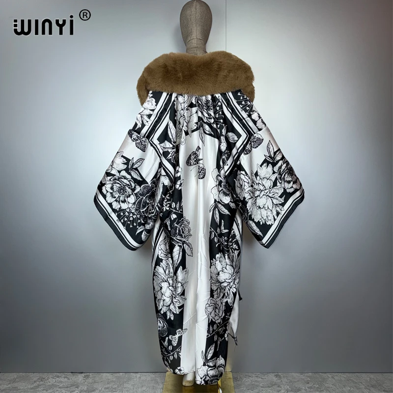 ชุดคลุมสไตล์โบฮีเมียน WINYI ผ้าไหมเทียม แต่งปกขนเฟอร์เทียม เหมาะสำหรับงานปาร์ตี้ อาบายา ดูไบ แฟชั่นหรูหราสำหรับผู้หญิงมุสลิม แบบเปิดด้านหน้า