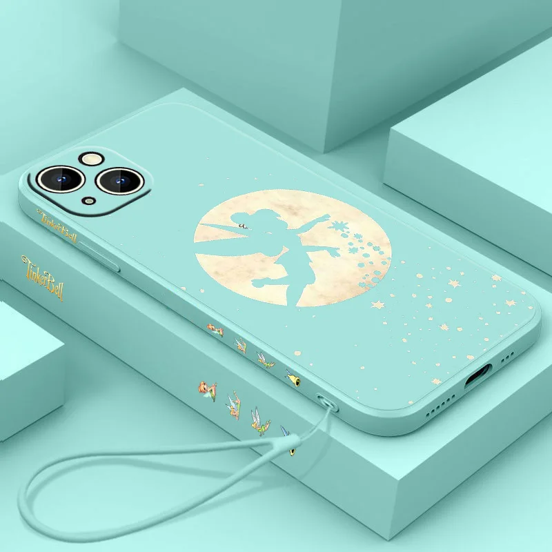 لطيف ديزني تينكر بيل السائل الحبل الأيسر جراب هاتف آيفون 16 15 14 13 12 11 برو ماكس Mini X XR XS 8 7 Plus Funda غطاء ناعم