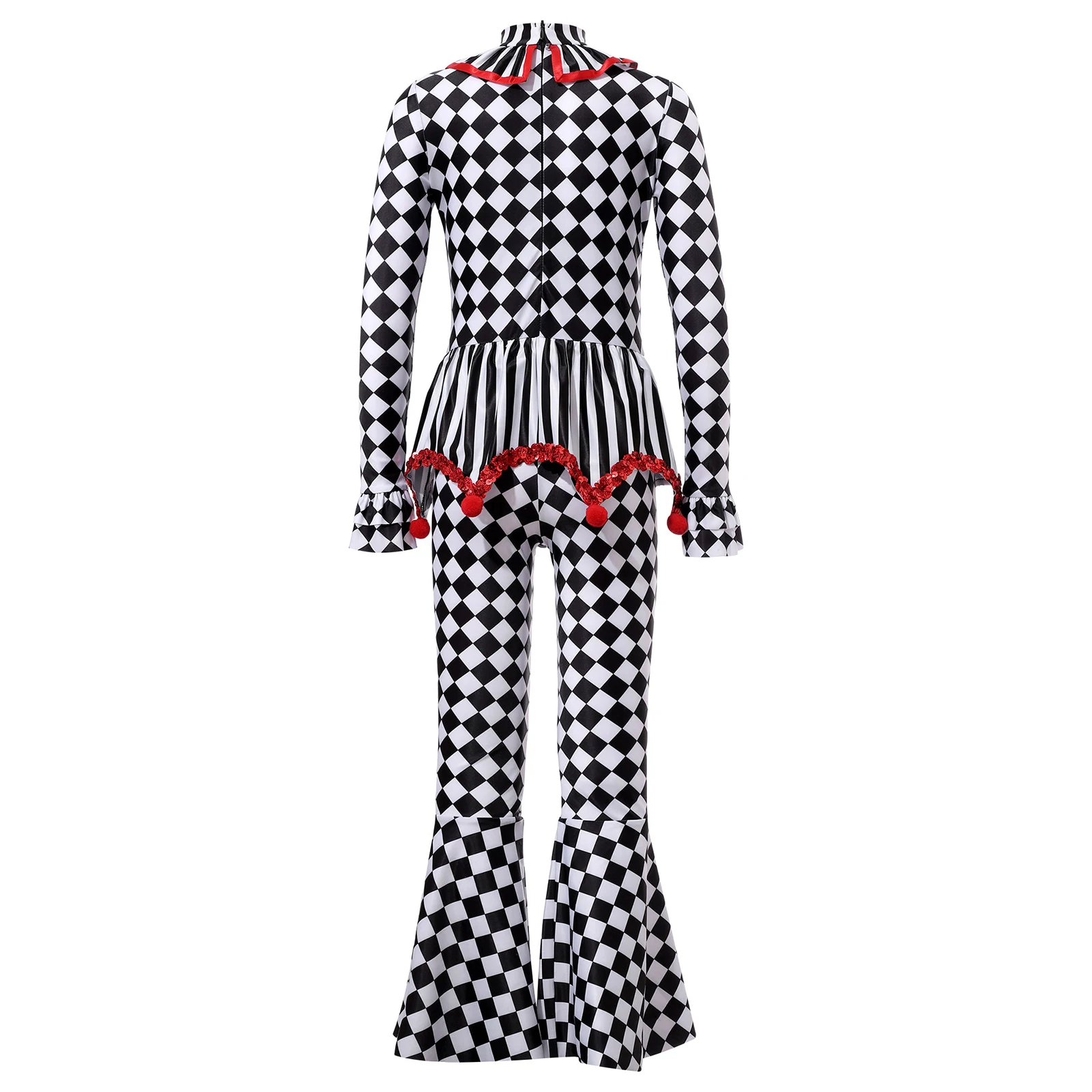 Kids Girls Halloween Circus Clown Cosplay Costume Carnival Party Performance Long Sleeve Pom Poms Checkerboard Print Jumpsuit