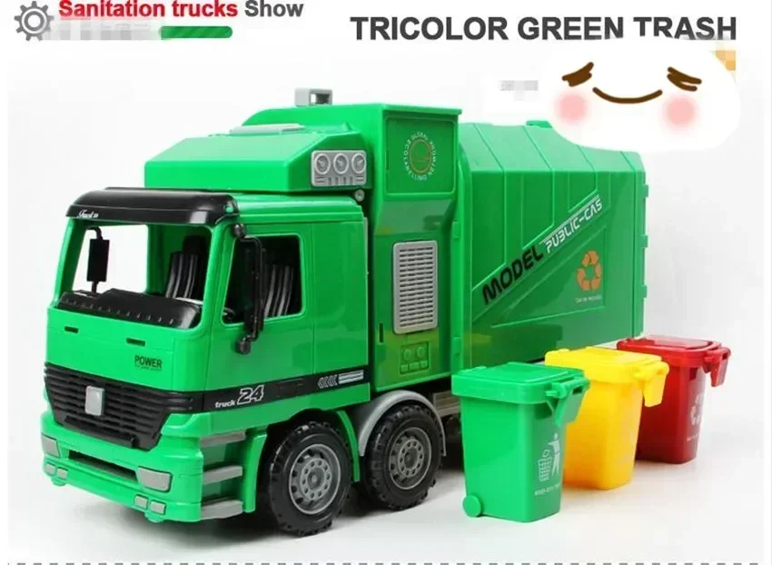 [Regalo] Auto di trasferimento dei rifiuti con caricamento laterale di grandi dimensioni, camion sanitario per traffico dei rifiuti verde tricolore, può essere sollevato con 3 bidoni della spazzatura