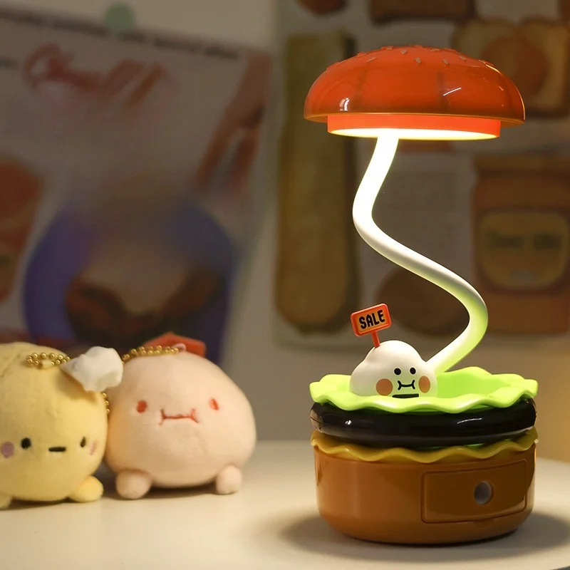 Cute Hamburger LED Rechargeable Night Light Multifunctional Desk Lamp Built-in Pencil Sharpener Storage Portable Bedside Lamp