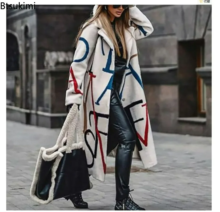 2024 Women's Warm Coat Long Sleeved Lapel Jackets Elegant Temperament Winter Coat Warm Loose Printed Pockets Women's Clothes 5XL