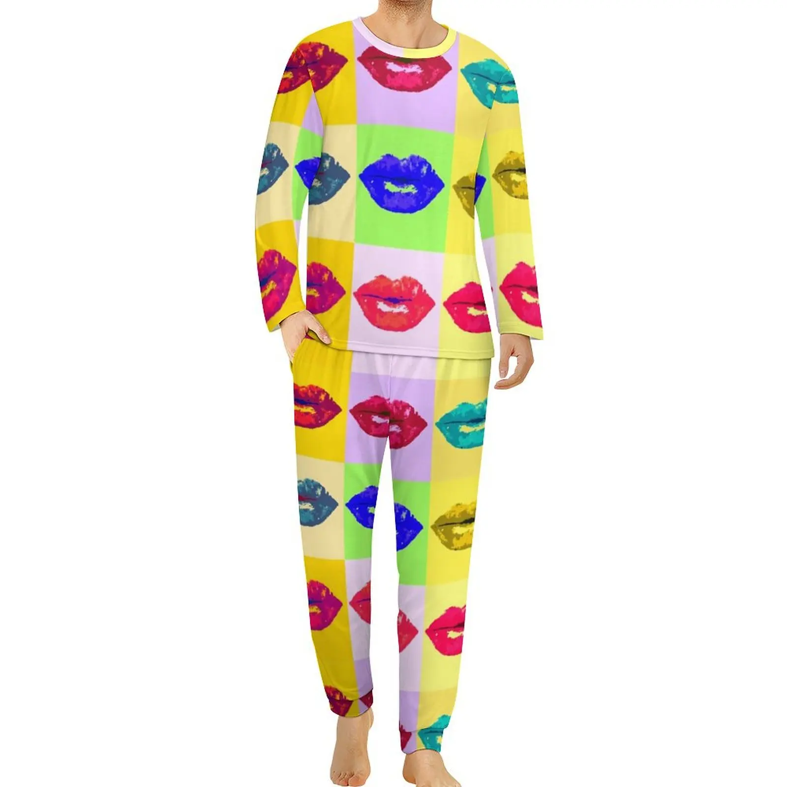 Colorful Lips Print Pajamas Man Pop Kiss Elegant Home Suit Daily Long Sleeve 2 Piece Night Printed Pajamas Set Big Size