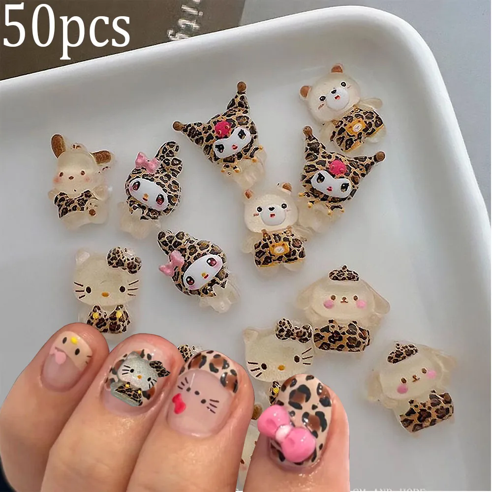 50pcs Leopard Print Bikini Hello Kitty Nail Rhinestone Leopard Hat Melody Kuromi Resin Nail Art Charms 3D Hello Kitty Nail Decor