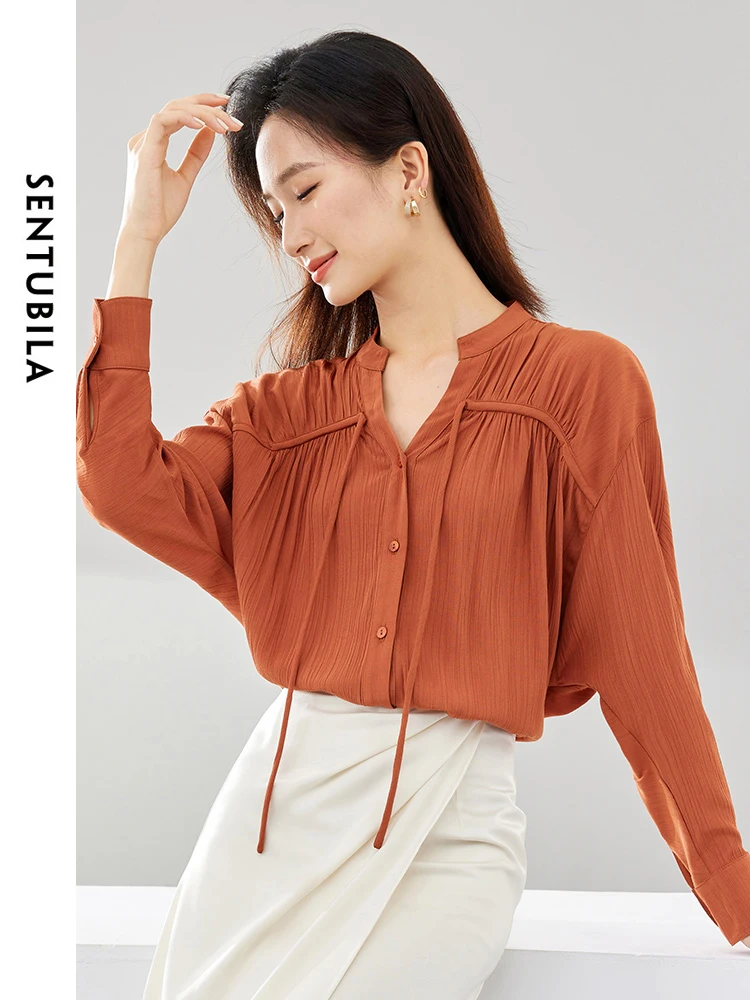 SENTUBILA Women\'s Loose Drop Long Sleeve Shirts 2024 Spring Autumn Casual Tops Female Button Up Orange Shirt Blouses 141C51340