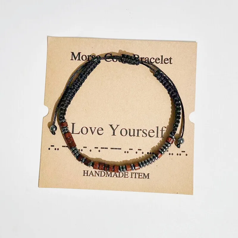 Handmade Morse Code Bracelet Jewelry Adjustable Wooden Beads I Am Enough Blessed Faith I Love You Family Bijoux For Women Men