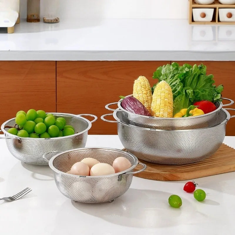New All Purpose 304 Stainless Steel Fine Mesh Strainer Net Baskets with Handles Resting Base Colander Set Kitchen Supplies