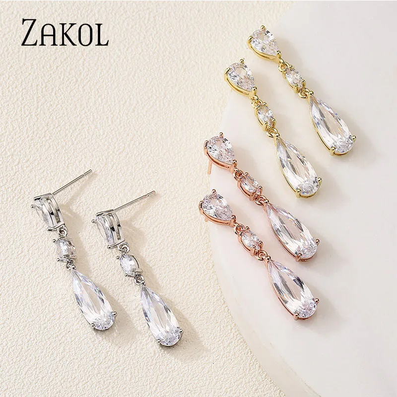 ZAKOL Classic Luxury Water Drop Cubic Zirconia Dangle Earrings for Women Female Shiny CZ  Bride Wedding Jwellery FSEP2982