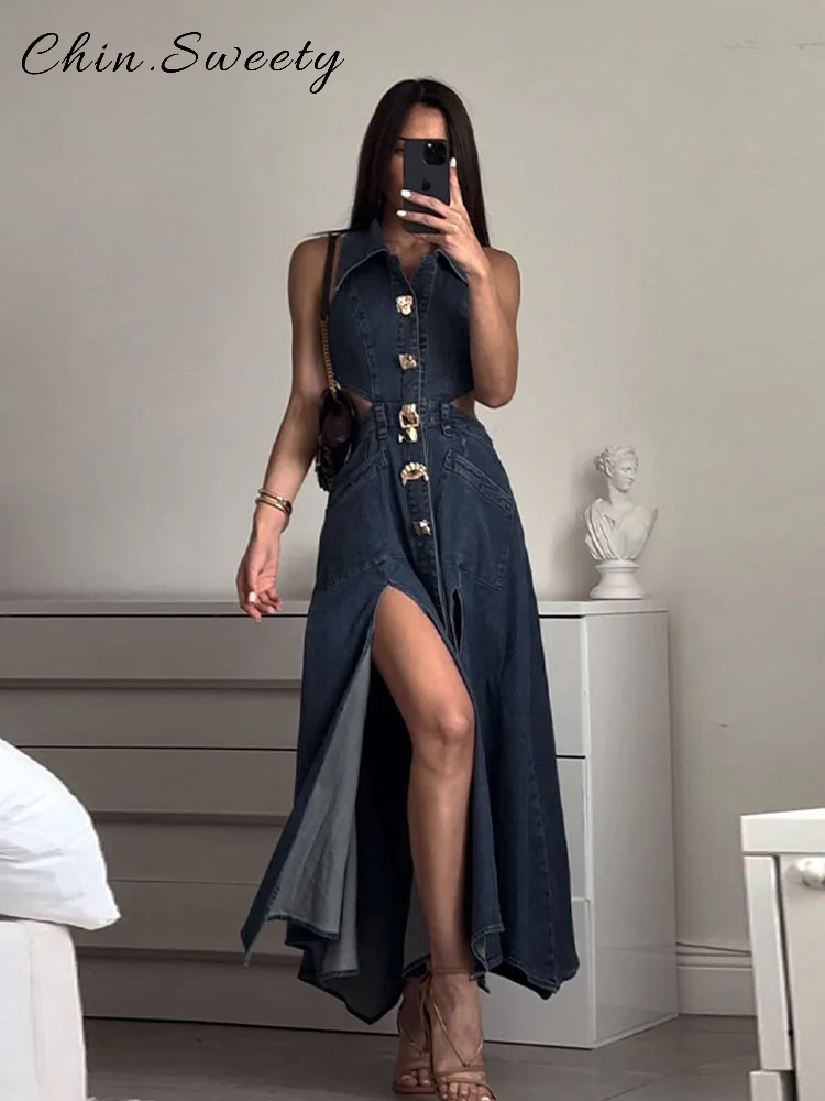 

Elegant Hollow Out Backless Denim Dress Women Lapel Sleeveless High Split Slim Dresses 2025 Spring Summer Lady Fashion Outwears