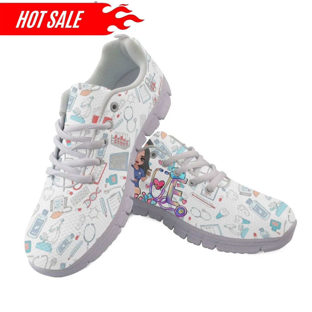 Cute Cartoon Nurse Shoes Paramedic Nursing Shoe for Women Female Running Sneakers Light Mesh Flats Girls Footwear