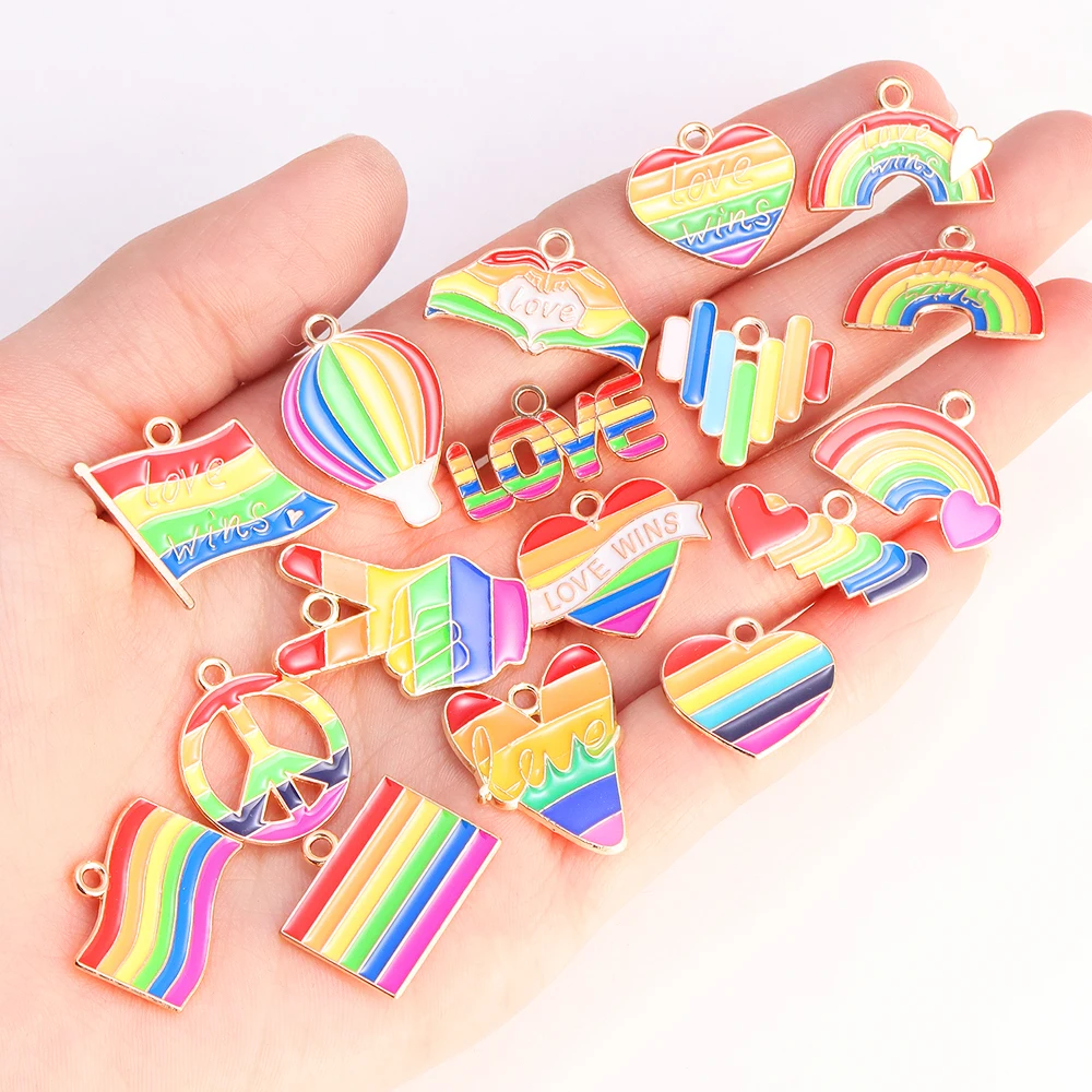 10Pcs Mixed Cute Enamel Rainbow Love Heart Flag Charms Pendants for Jewelry Making DIY Earrings Necklace Keychain Craft Supplies