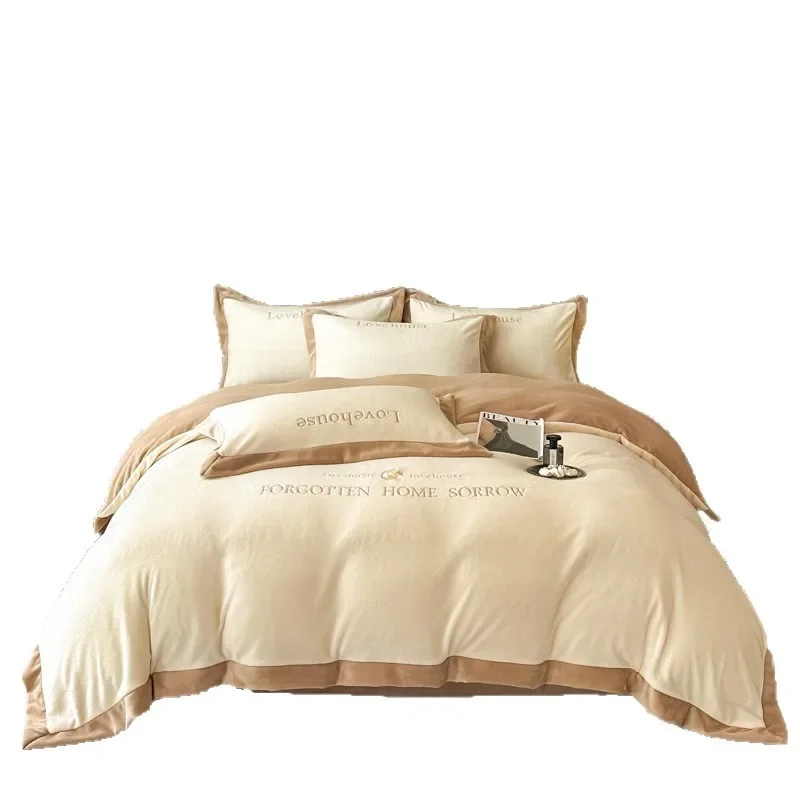 Milk fleece thickened warm four-piece set embroidered corner double-sided fleece bed sheet quilt cover bedding