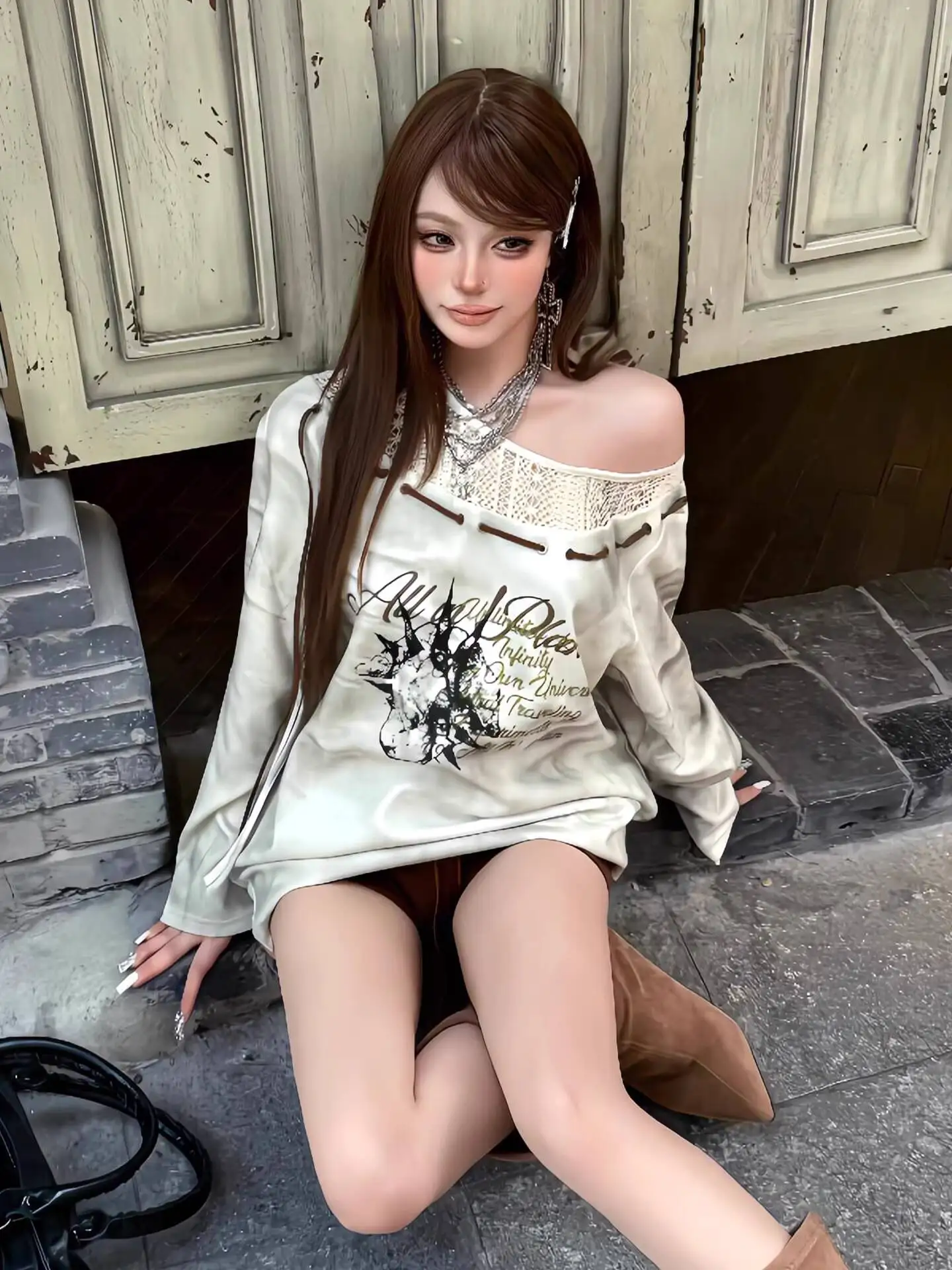 Felpa con cappuccio asimmetrica sottocultura da donna 2026 Primavera maglia patchwork con spalle scoperte Felpa casual Spice Girl alla moda