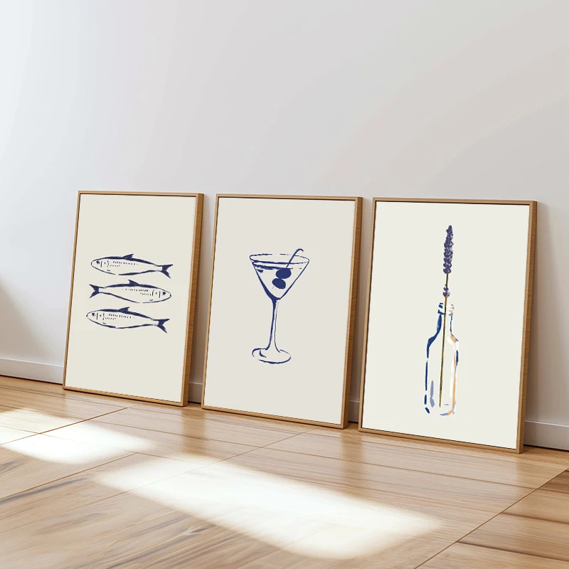 Cartoon Simple Blue Lines Seaside Coconut Shell Wine Bottle Fish Flowers Poster Canvas Painting Wall Art Pictures Home Decor