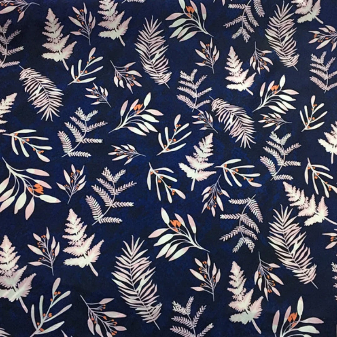 1 meter 100% Mulberry Silk 12 momme Crepe Silk Fabric Navy with Pink Leaf Printed 138cm 54