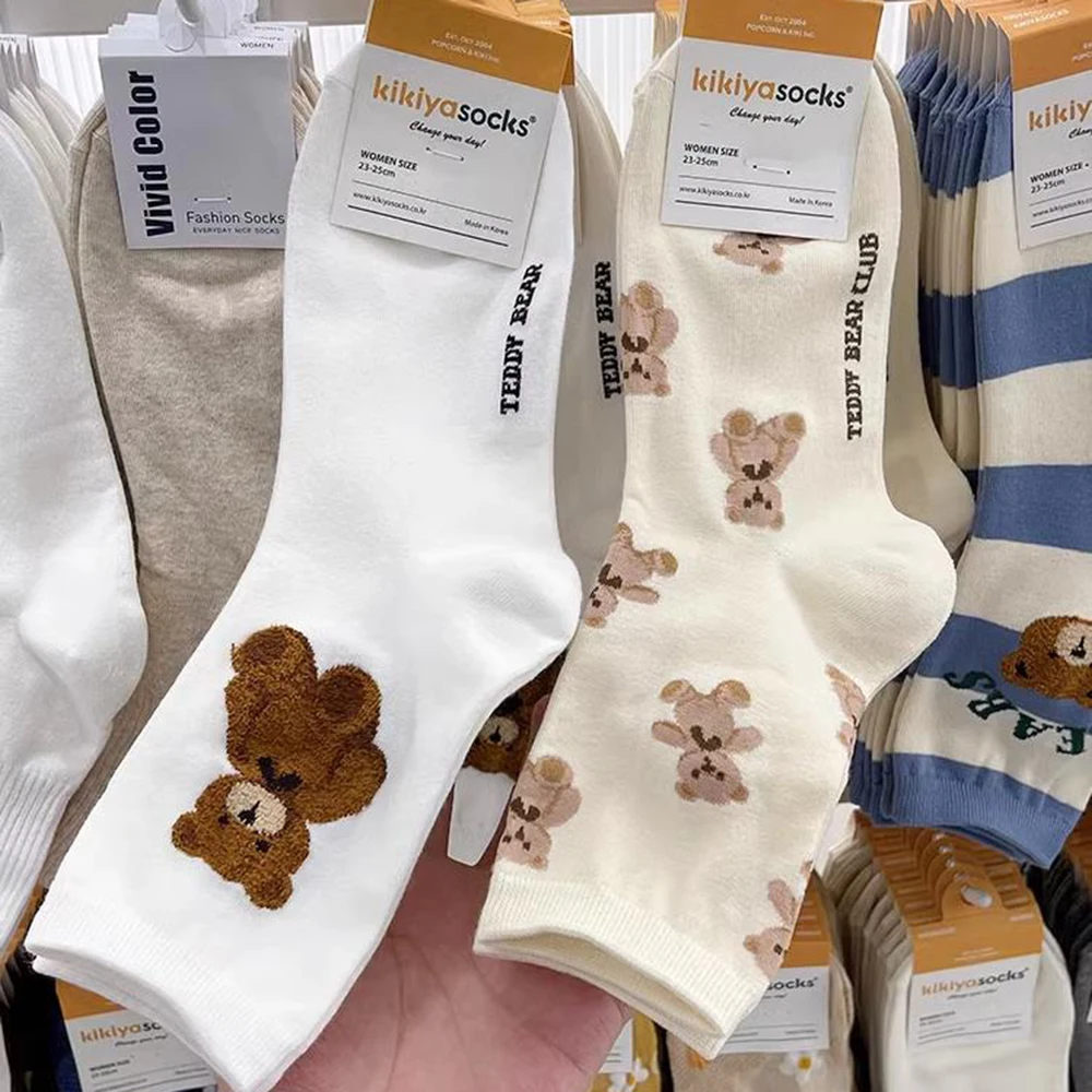 Calcetines de algodón con diseño de oso de dibujos animados para mujer, medias transpirables de estilo Harajuku para monopatín, regalo de Navidad,