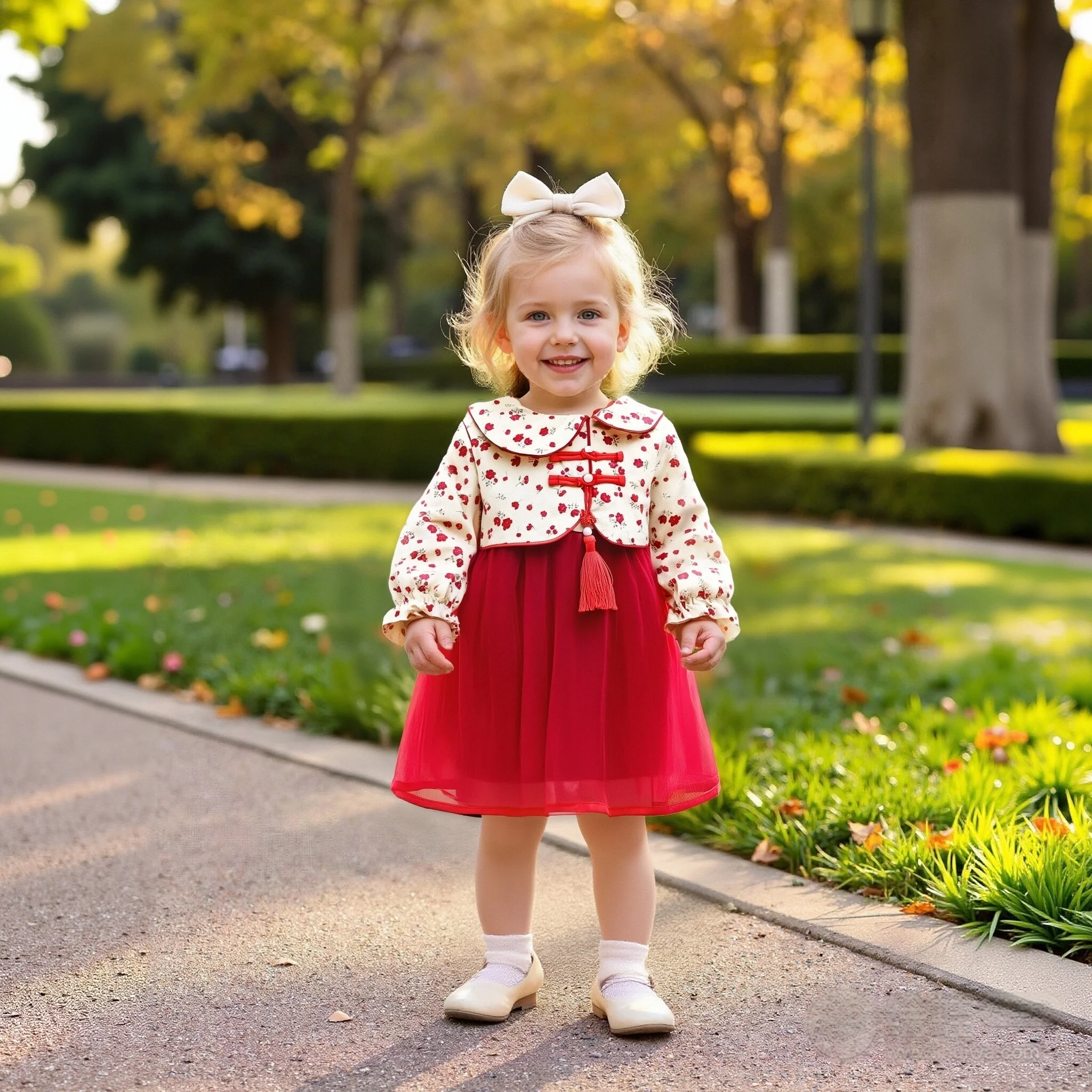 

Baby Girl Cloth Spring/Autumn New Girl Princess Dress Red Chinese Style Small Flower Flip Collar Buckle Dress