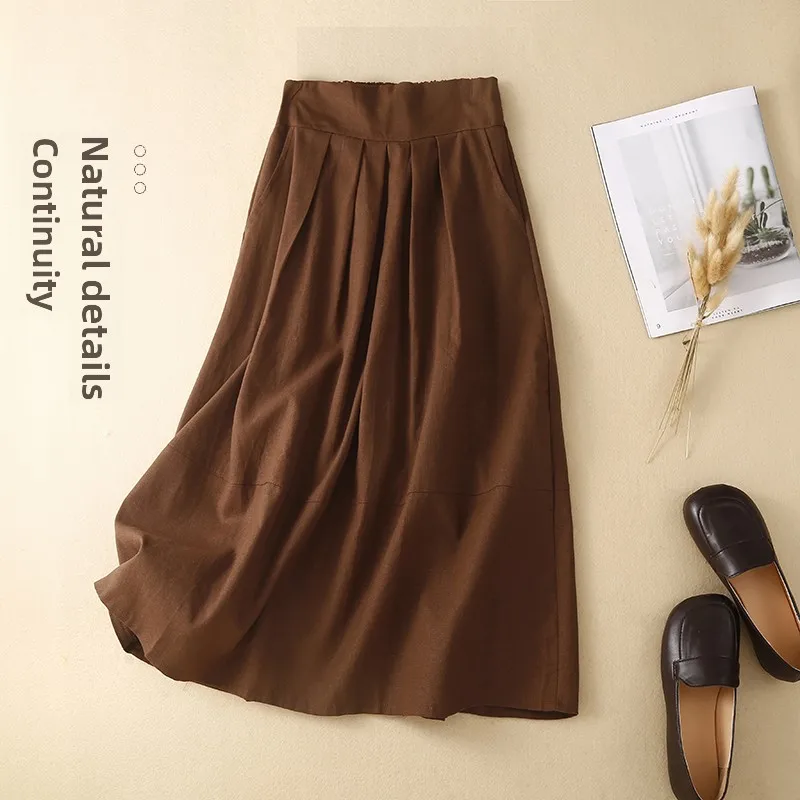 

Artistic Cotton Linen f Skirt Large Size Women's Loose Fit High Waist A-Line Skirt Summer Thin Pure Color Commute Sle