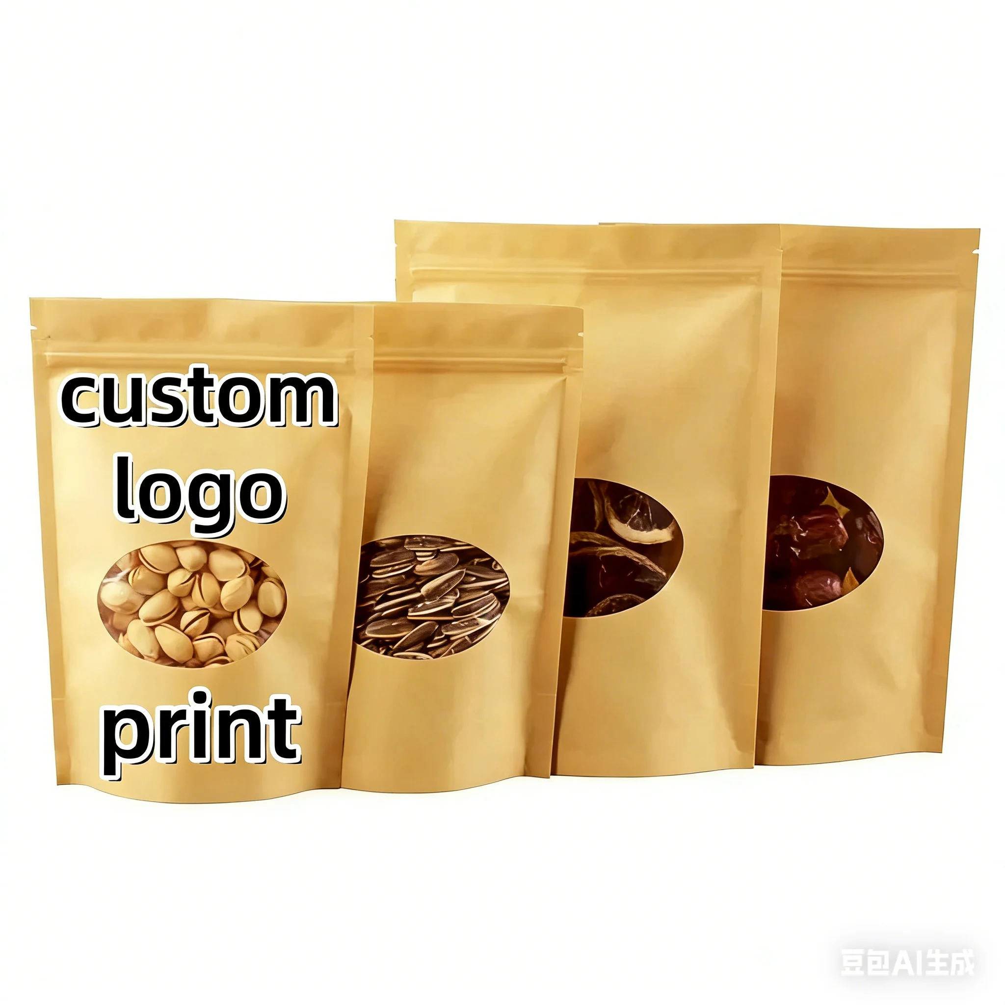 

100PCS Resealable Kraft Paper Bags with Oval Window - Food Storage Pouches for Coffee Beans, Tea, Nuts, Spices, Candy & Snacks