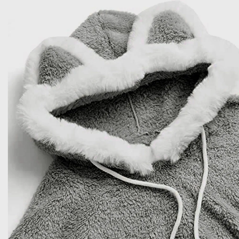 Lässiger Langarm-Kapuzenpullover mit Katzen- und Bärenohren, einfarbige Oberbekleidung, Kapuzenpullover mit 3D-Tierohren, flauschiger Fleece-Sweatshirt, Street-Style-Oberteil – Detail 5