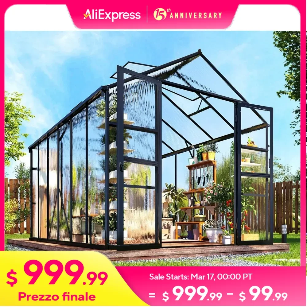 8x12x7.5 FT Greenhouse with Quick-Connect Fittings, 2 Swing Doors, Outdoor Walk-in Aluminum Polycarbonate Greenhouse