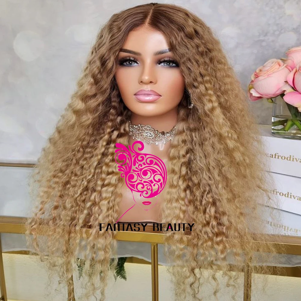 Ombre Honey Blonde Kinky Curly Full Lace100% Human Hair Wig Remy Preplucke Bouncy Curly 360 13x6 Transparent Lace Front Wig