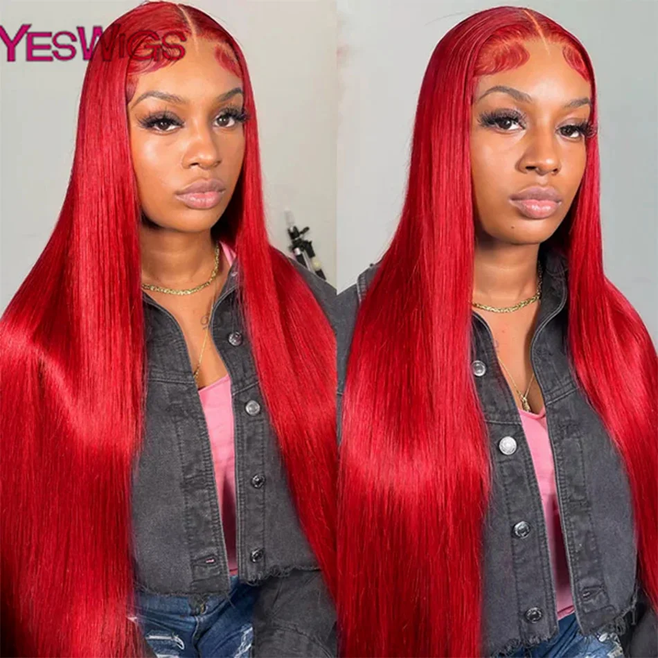 Osso reto quente vermelho 13x4 hd transparente frente do laço perucas de cabelo humano brasileiro pré arrancado para as mulheres cor vermelha perucas frontais do laço