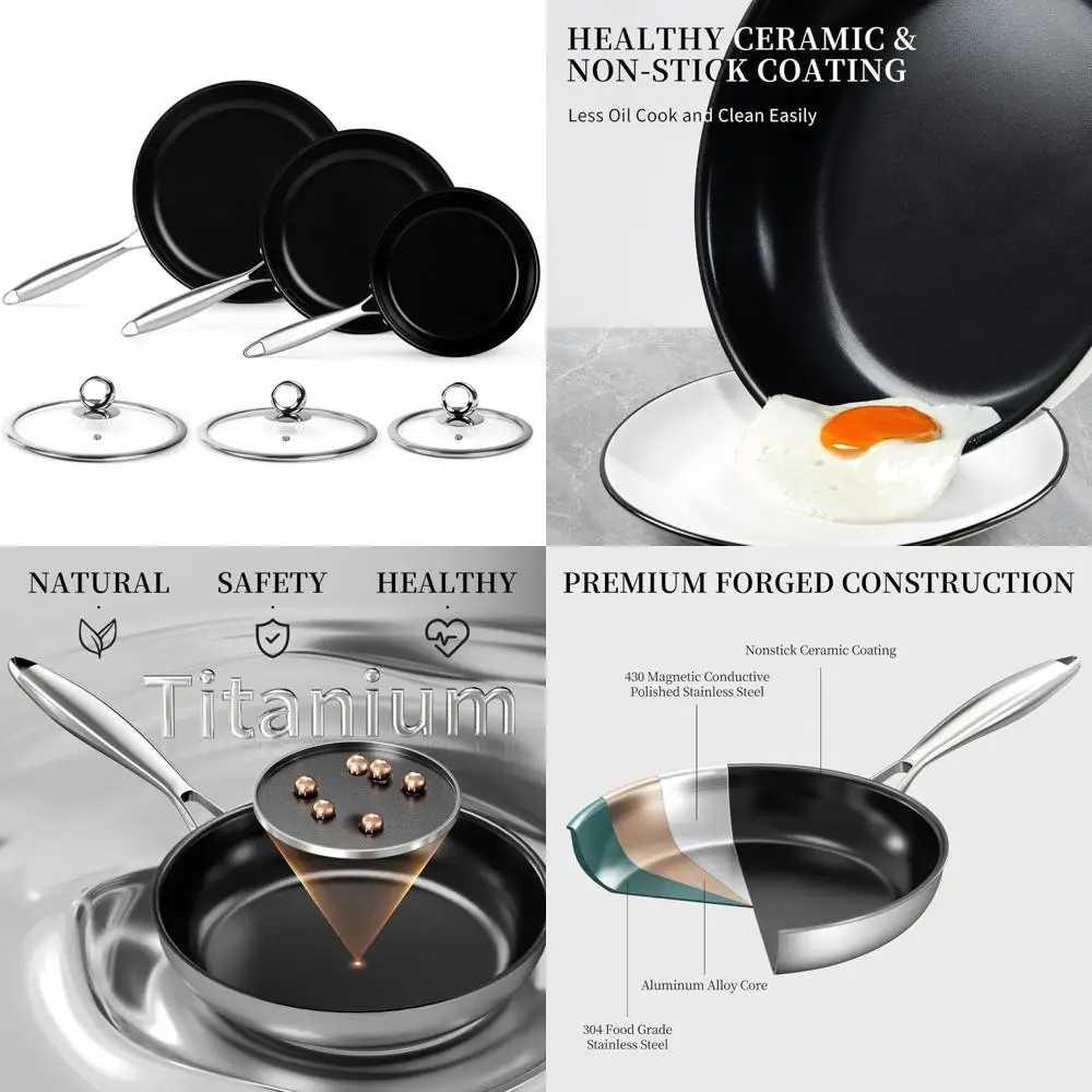 

Набор из 6 титановых керамических сковородок с антипригарным покрытием и крышками — приготовление омлетов, яиц и многого другого для здорового питания