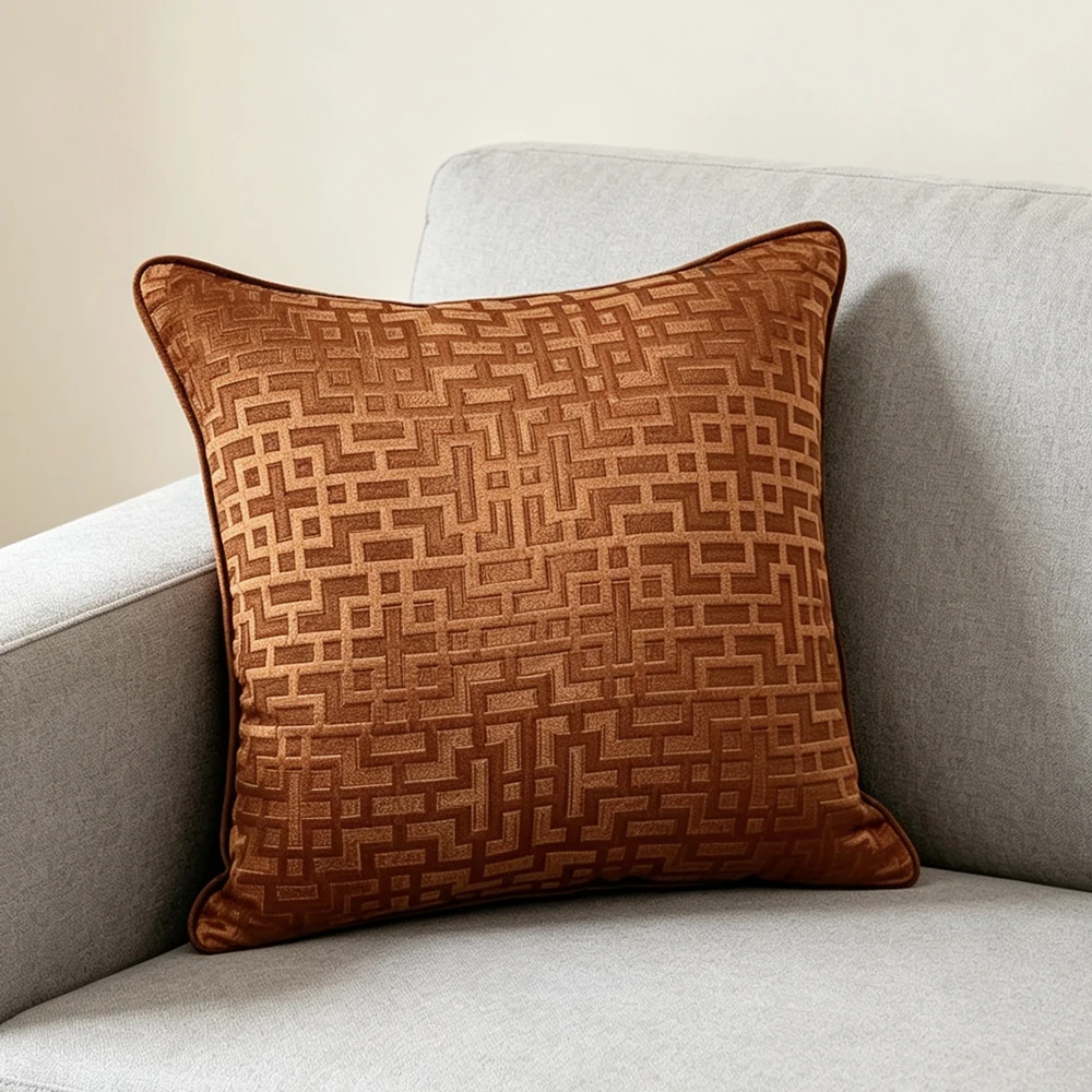 Contemporary Orange Red Geometric Pillow Case Woven Jacquard Velvet Home Cushion Cover Decorative 45 X 45 cm 1 Pc Pack