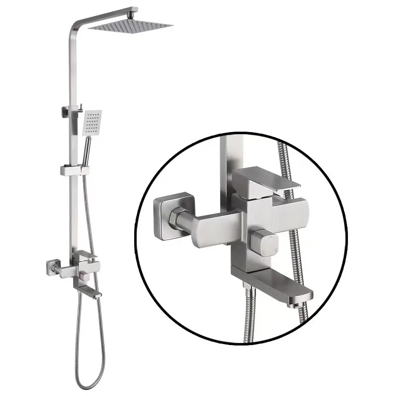 

Modern Square Rainfall 304 Stainless Steel Shower Set Brushed Three Function Mixer Bathroom Shower Column Rain Shower Sets