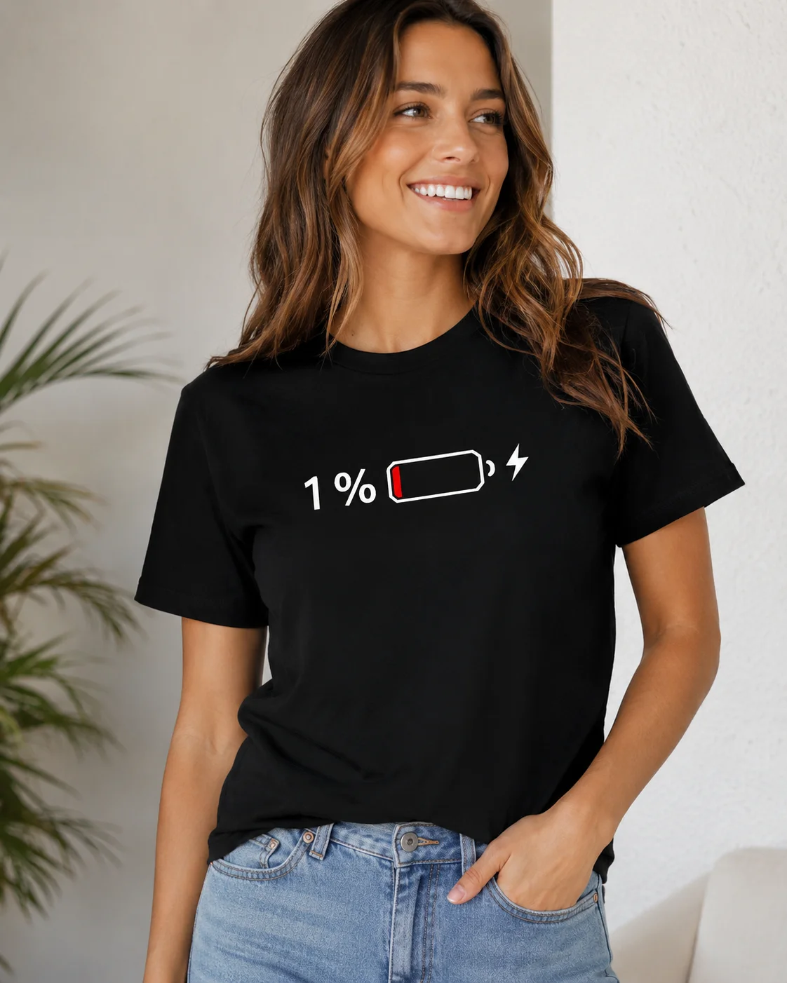 Ladies' 1% Battery Printed Pattern Shirt Casual T-shirt Round Neck Short Sleeved Women Fashionable Hot Selling Clothing Top Girl